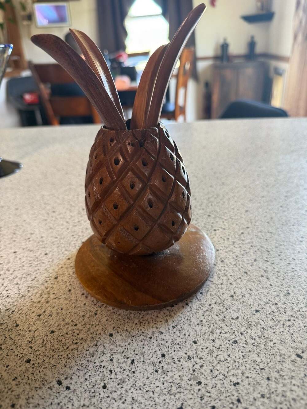 Vintage MCM Hand Carved Monkey Pod Wood Pineapple Appetizer Pick Holder